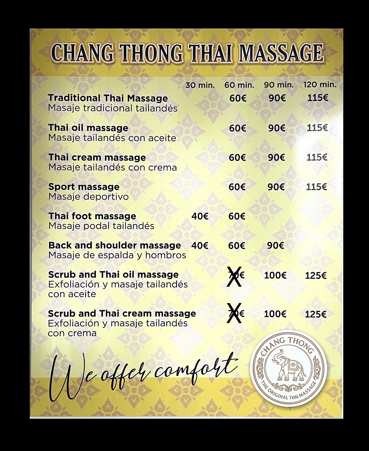 Chang Thong Thai Massage price list
